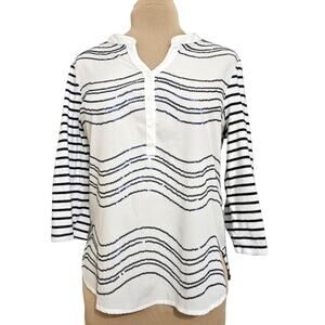 Chico's Sequin White Blue Striped Henley Pullover Top Medium Chico's 1